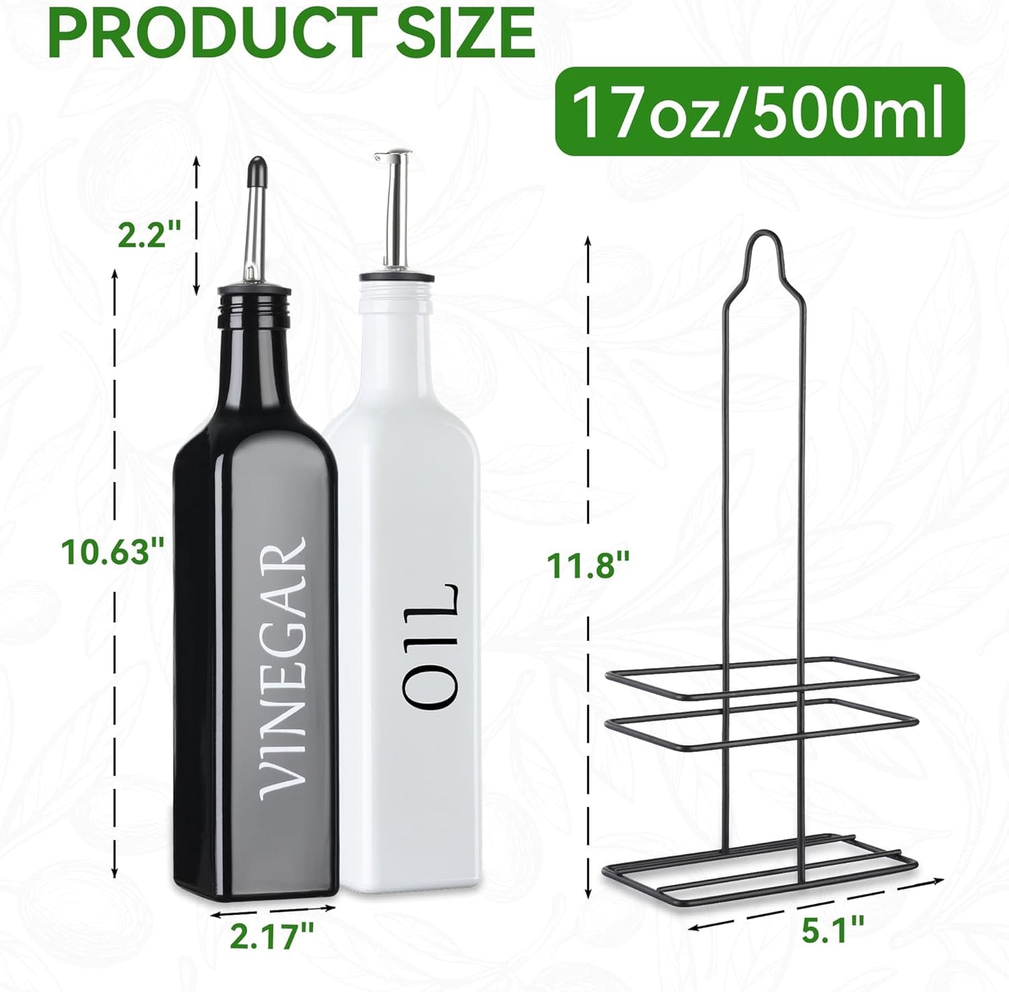 Vakoo Oil and Vinegar Dispenser Set - 17oz/500ml, Extra Thick Glass, Leak-Proof, Olive Oil Dispenser Bottle for Kitchen (White Black)