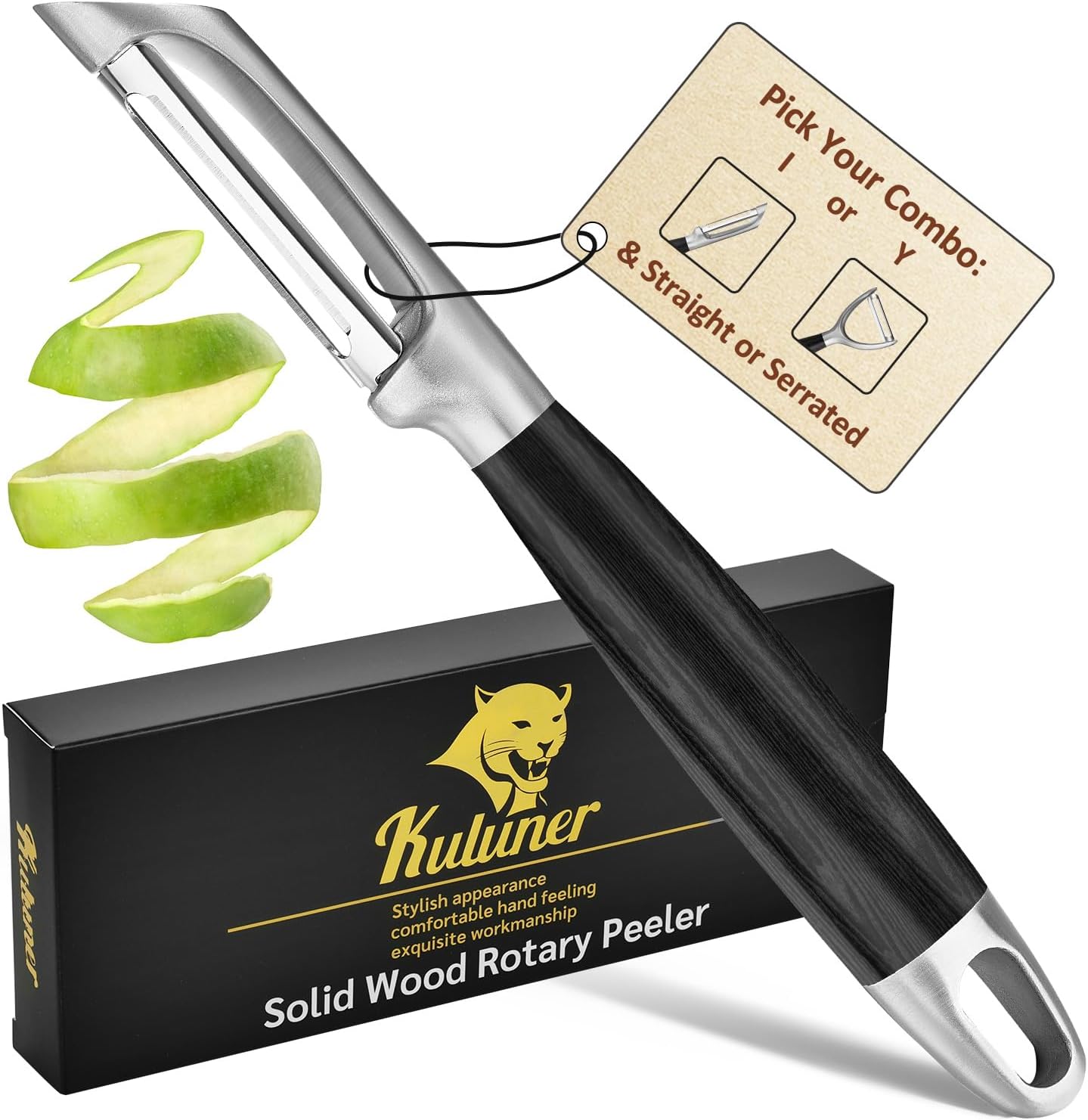 Serrated Blade Premium I Type 304 Stainless Steel Multifunctional Kitchen Peeler Real Wood Handle Ultra Sharp Blade Vegetable Potato Apple（Agarwood）