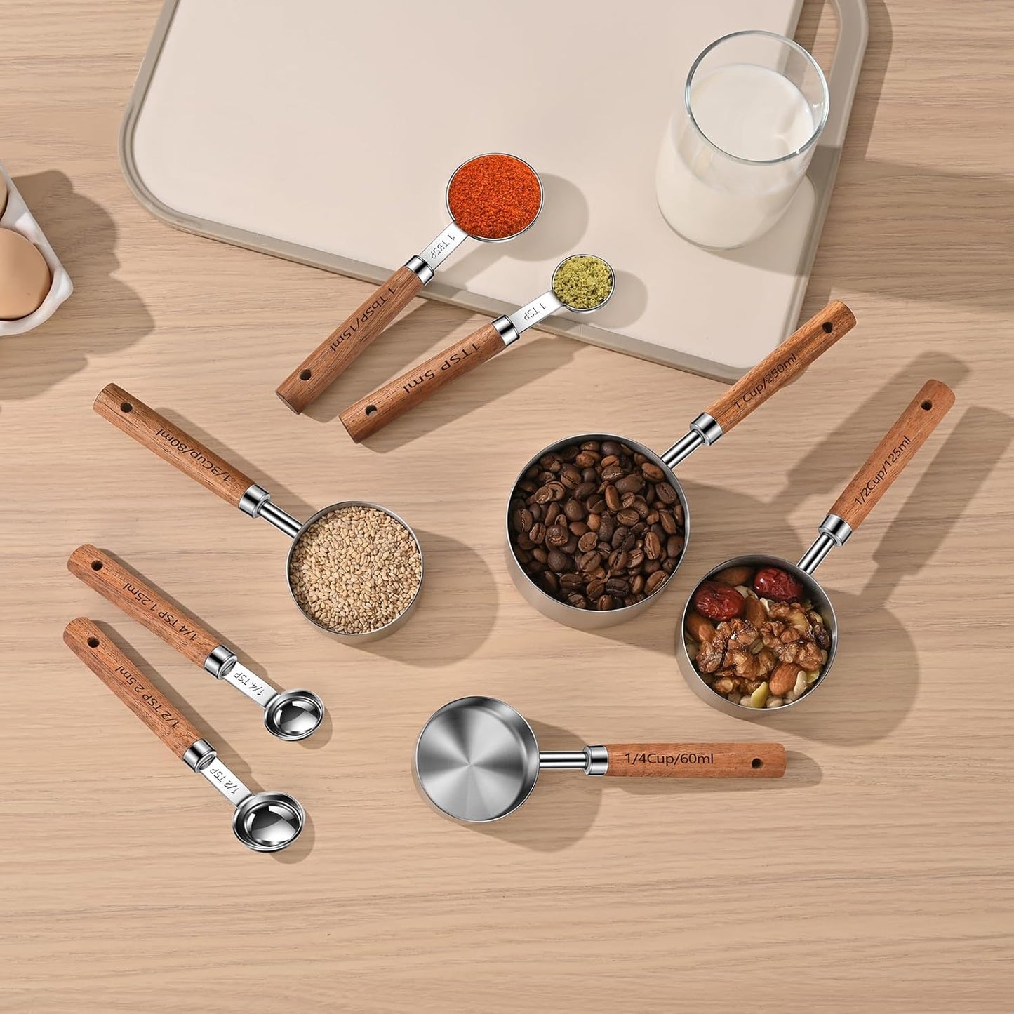 Wooden Handle Measuring Cups & Spoons Set 8-Piece – Stainless Steel, Stackable, Rustic Farmhouse Kitchen Gadgets, Non-Toxic, Dishwasher Safe, Gift for Bakers & New Homeowners