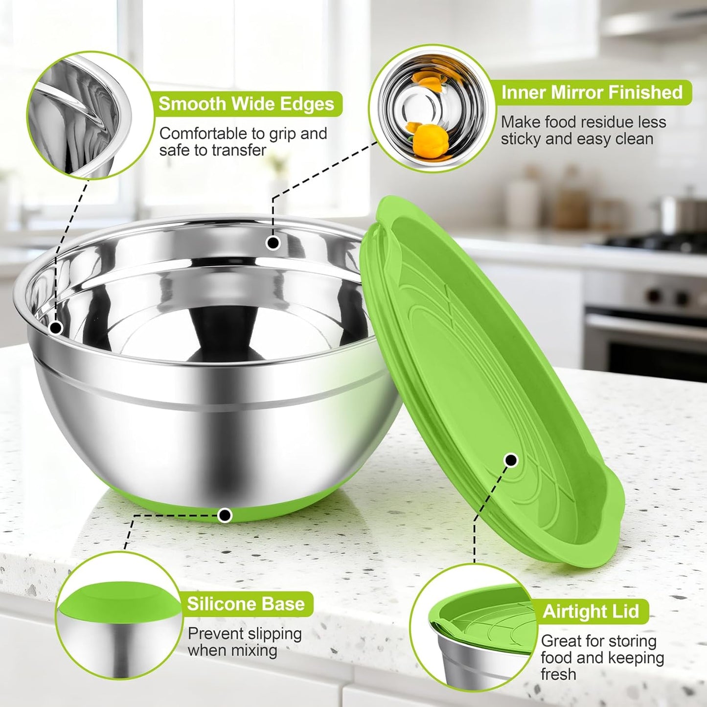 TeamFar Mixing Bowls, Black Mixing Bowls with Lids Set, Stainless Steel Nesting Salad Bowl with Air-tight Lid & Silicone Bottom, Non Slip & Stackable - Set of 6-4.6/2.6/2 / 1.5/1 / 0.7 Qt