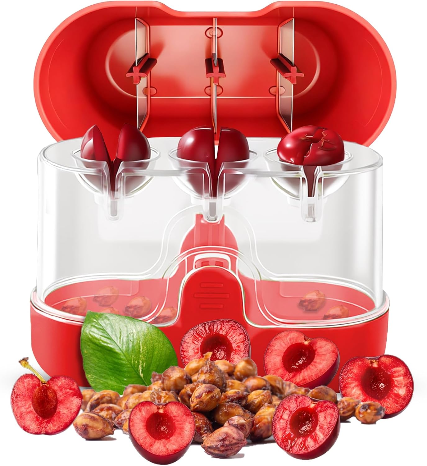 2-in-1 Cherry Pitter & Half Slicer, 3-Hole Cherry Seed Remover with Built-in Blade, with Clear Container (Apple Green)