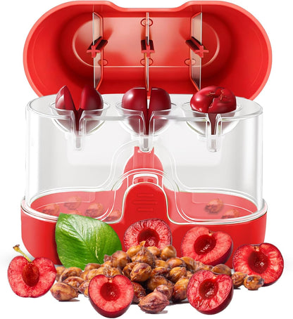 2-in-1 Cherry Pitter & Half Slicer, 3-Hole Cherry Seed Remover with Built-in Blade, with Clear Container (Apple Green)