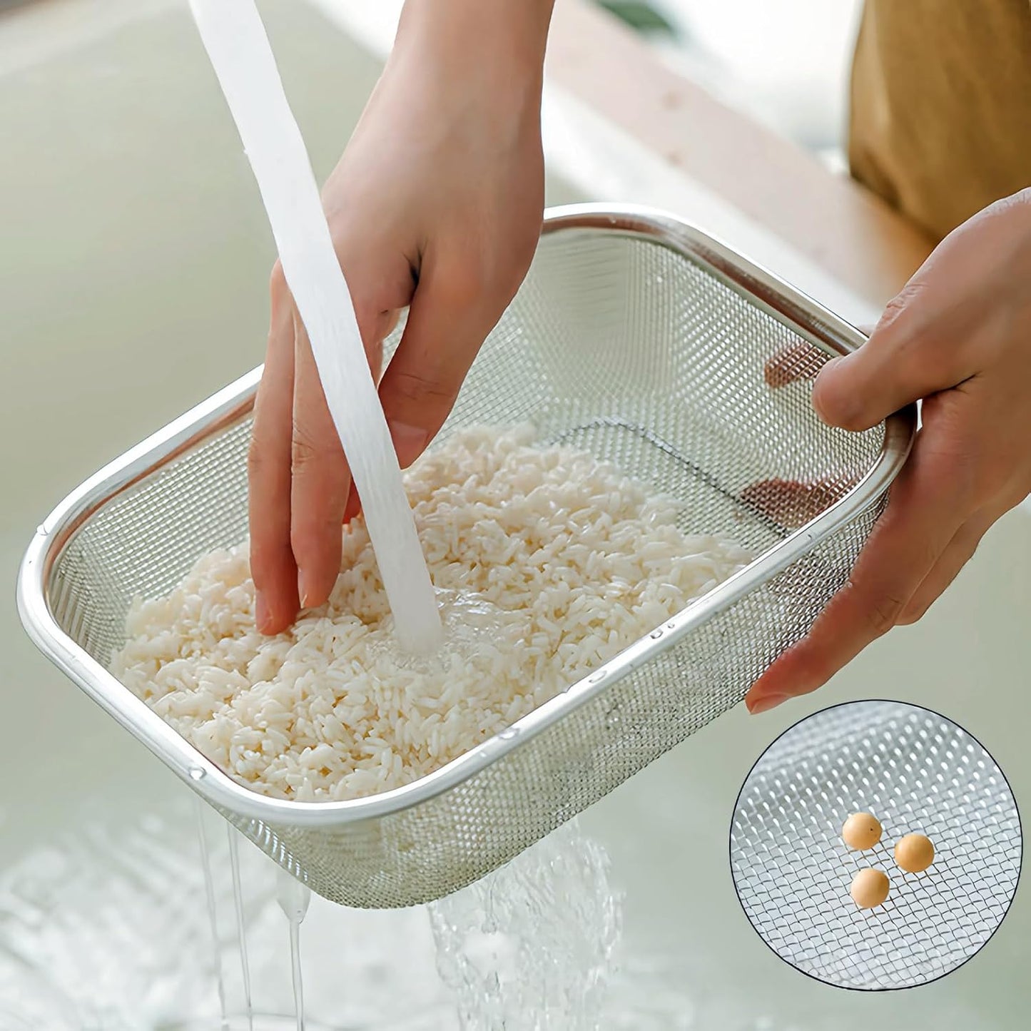 Fine Mesh Strainer for Kitchen, Stainless Steel Colander Bowl for Pasta, Rice, Fruit, Metal Net Baskets with Resting Base - Strain, Drain, Rinse (Diameter 9.84 inch)