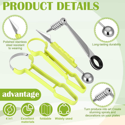 Kitchen Spiral and Melon Baller Scoop Set 4 in 1 Stainless Steel Fruit Scooper Seed Remover Cutter Vegetable Spiral Cutter for Potatoes, Cucumbers, Carrots, Kitchen Food Decoration Tools