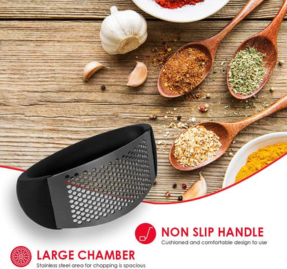 Home Basics Ergo Rust-Proof Stainless Steel Handheld Masher Rocker Press with Ergonomic Grip Arc Handle, Garlic Crusher Squeezer Slicer Mincer,Black, 4.75"x2.00"x2.75"