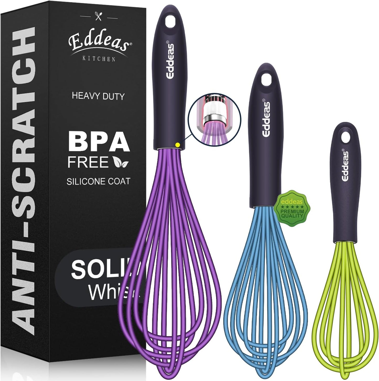 Whisks For Cooking - 500 °F Heat Resistant Silicone Whisk, Heavy Duty 7",9"&11inch Non-Scratch Balloon Kitchen Wisk tool Set, for cooking Wisking, Blending, Beating, Stirring, 3 Piece Black