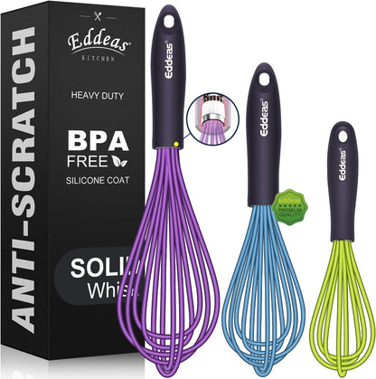 Whisks For Cooking - 500 °F Heat Resistant Silicone Whisk, Heavy Duty 7",9"&11inch Non-Scratch Balloon Kitchen Wisk tool Set, for cooking Wisking, Blending, Beating, Stirring, 3 Piece Black