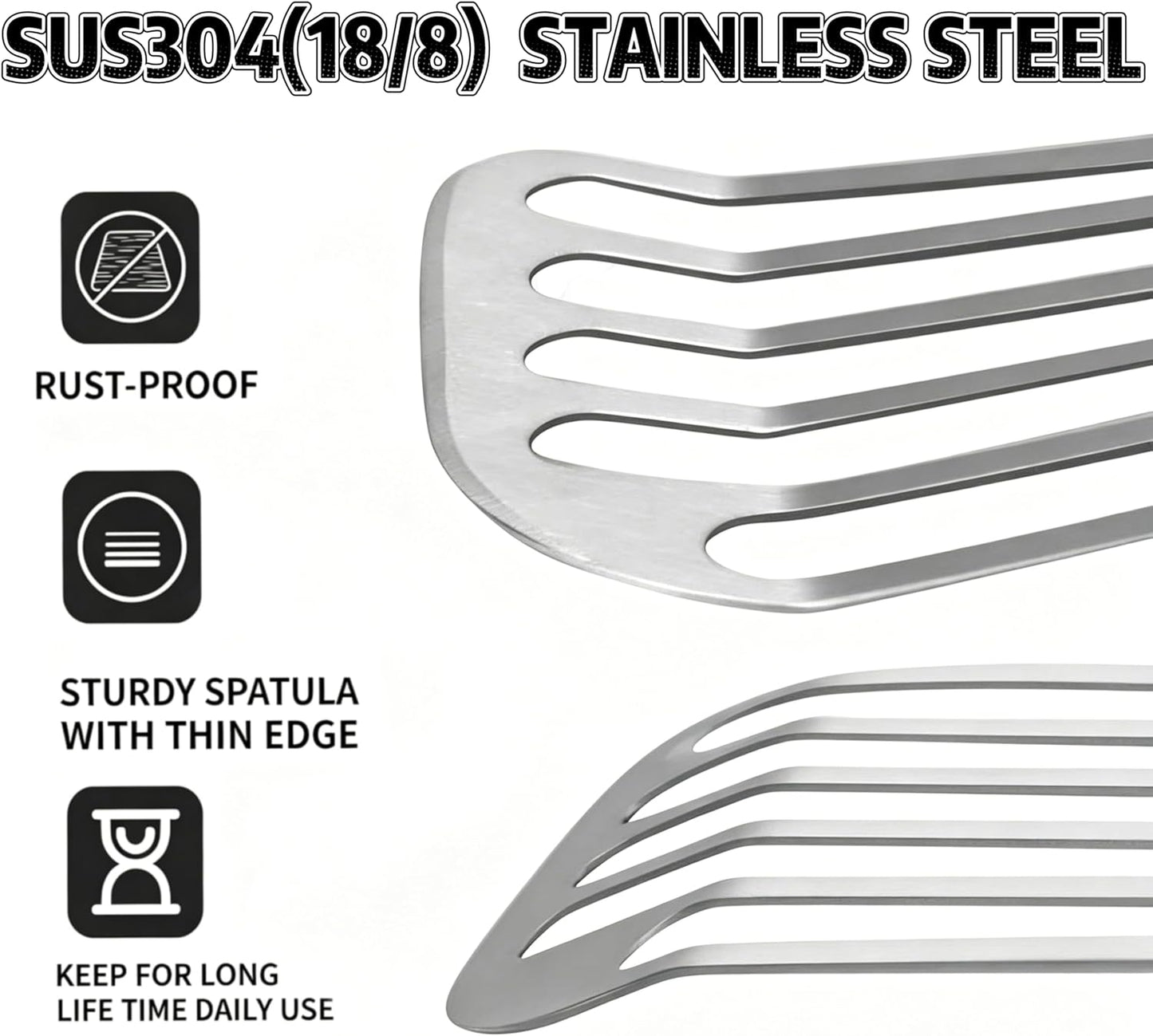 KSENDALO Thin & Sturdy Fish Spatula Stainless Steel for Kitchen Cooking Use Fish Spatula Egg Flipper Bbq Flipper 18/8 Stainless Steel Blade Thin Sturdy One-Piece Style Dishwasher-Safe Tools-Silver