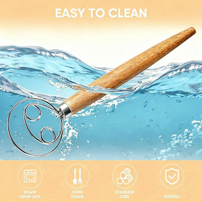 Maxjoy Danish Dough Whisk Wooden Dutch Bread Mixer with Stainless Steel Hook for Sourdough Baking Hand Tool