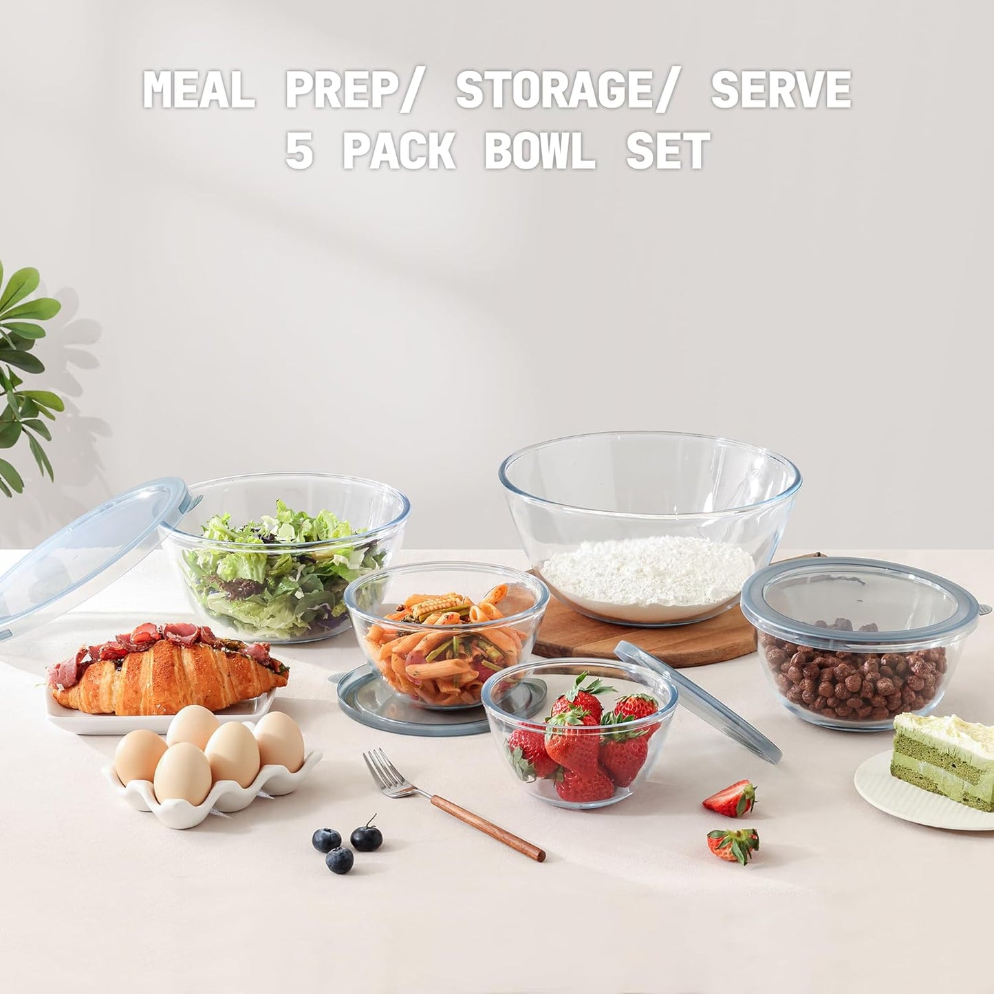 Cuiselect 4pc Glass Mixing Bowls with Lids Set (2.80QT, 1.64QT, 1.16QT, 0.85QT), Thick Salad Bowl, Nesting Glass Mixing Bowl for Cooking, Baking, Prepping-Dishwasher Microwave Freezer Safe