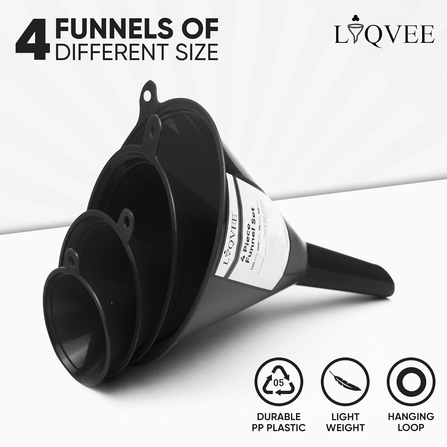 LIQVEE™ Funnel Set (4 Sizes: 122, 101, 76, 50mm) - Durable, Non-Toxic, Food-Grade Plastic funnels for Filling Bottles and containers. Ideal for Kitchen, Garage, or Labs. Perfect for Precise Pouring.