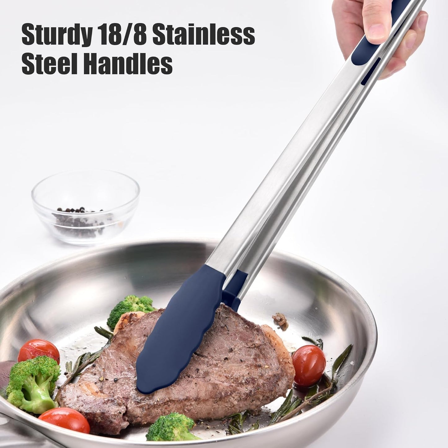 Doosu Kitchen Tongs for Cooking - 600°F Heat Resistant Food Tong Set with Non-Scratch Silicone Tips, Heavy Duty Stainless Steel Locking Tong for BBQ, Grilling Steak, Serving (7+9+12in, Navy Blue)