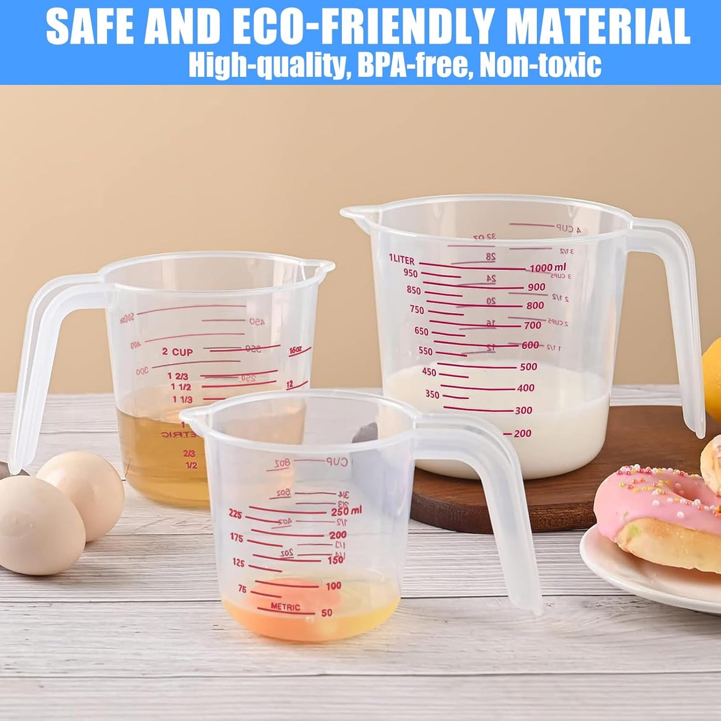 DTDNZKN 3 Pack Measuring Cup Set, Includes 250Ml (1-Cup), 500Ml (2-Cup) and 1000Ml (4-Cup) Plastic Liquid Measuring Cups- Baking, Cooking, Mixing & Measuring Cups, Essential Kitchen Tools