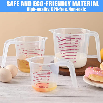 DTDNZKN 3 Pack Measuring Cup Set, Includes 250Ml (1-Cup), 500Ml (2-Cup) and 1000Ml (4-Cup) Plastic Liquid Measuring Cups- Baking, Cooking, Mixing & Measuring Cups, Essential Kitchen Tools