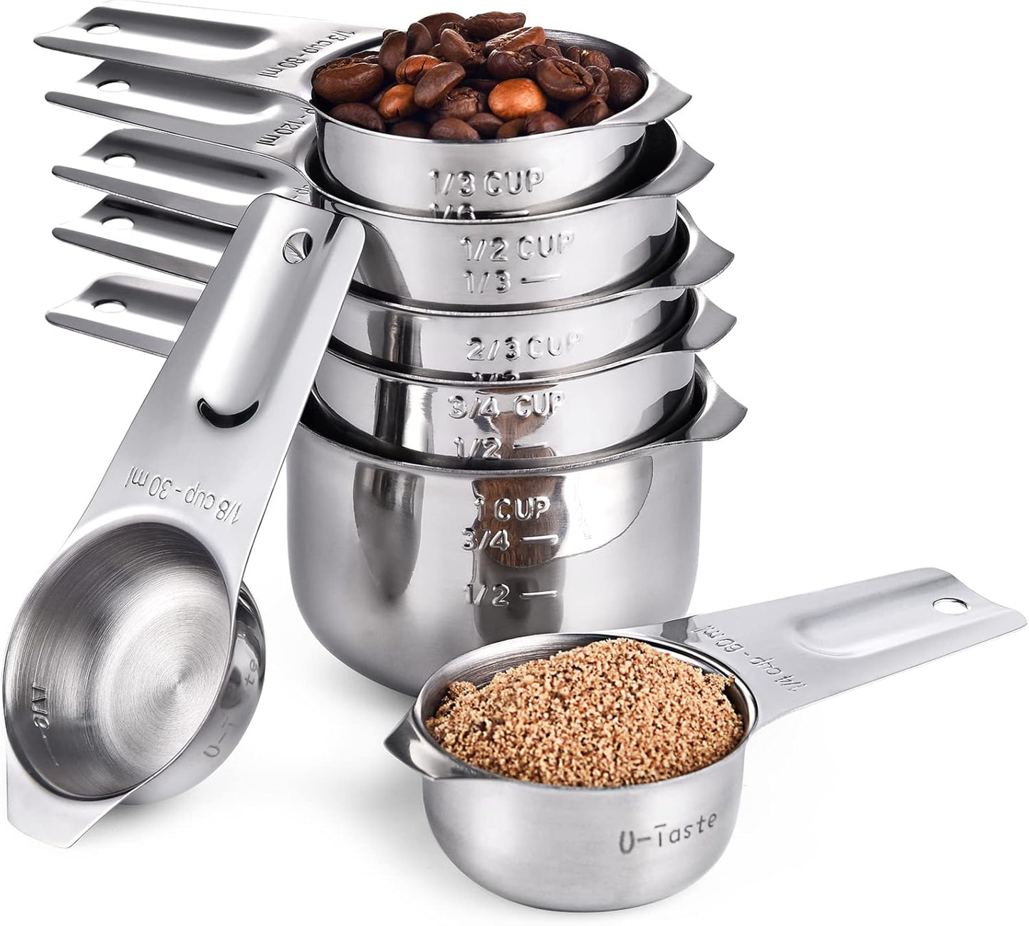 Measuring Cups, U-Taste Magnetic Measuring Cups and Spoons Set of 13 in 18/8 Stainless Steel: 7 Measuring Cups and 5 Measuring Spoons with 1 Professional Magnetic Measurement Conversion Chart