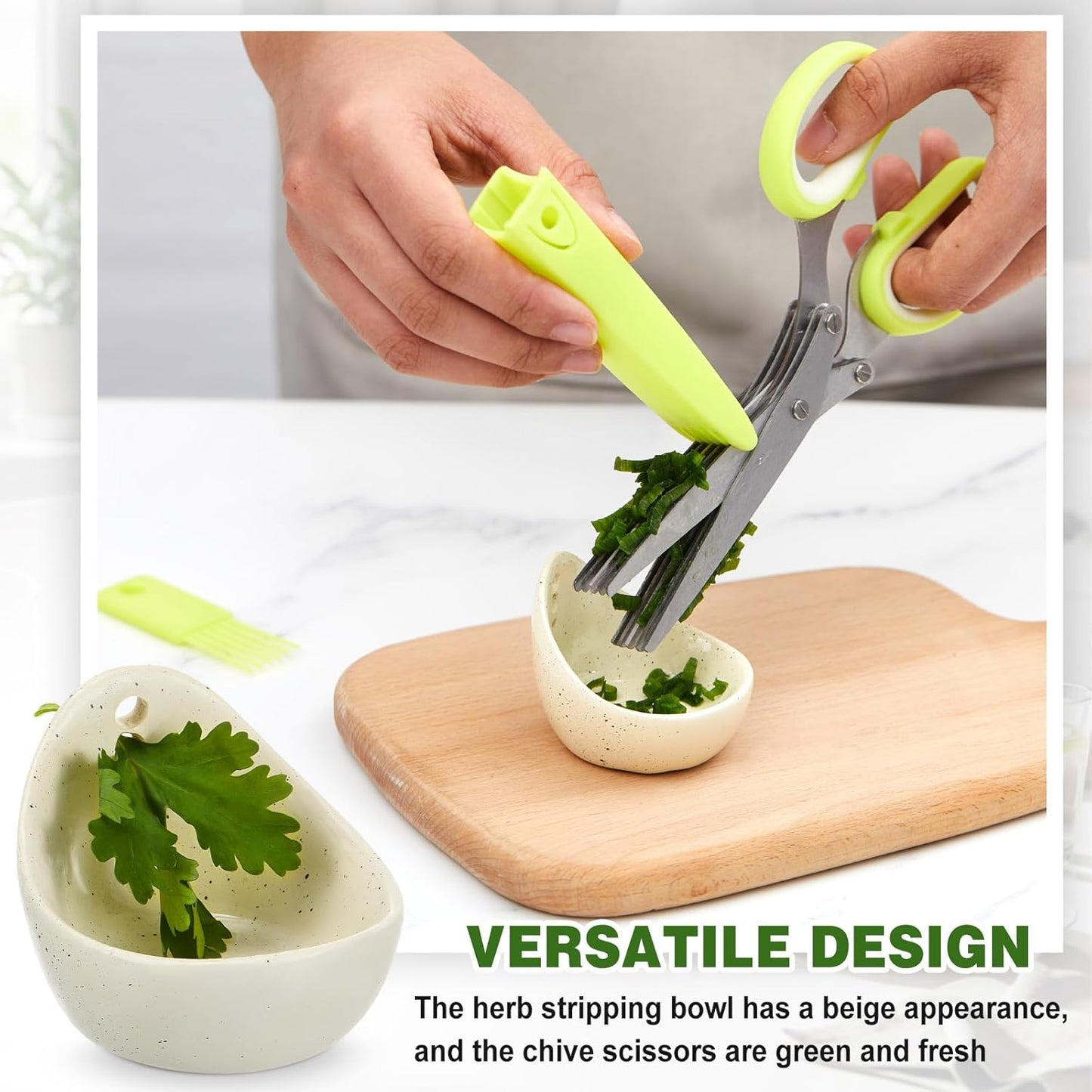 Remerry Herb Scissors 5 Blade with Cleaning Comb, Herb Stripper Bowl with 4 Hole Sizes, Cutter for Basil, Chives, Parsley, Kitchen Cutting Tool Set