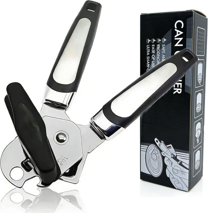 Can Opener Manual, Heavy Duty Can Opener with Built-In Bottle Openers, Ergonomic Design Extended Handle, Sharp Blade Smooth Edge, Kitchen Gadgets for Opening Cans, Multifunctional, Black