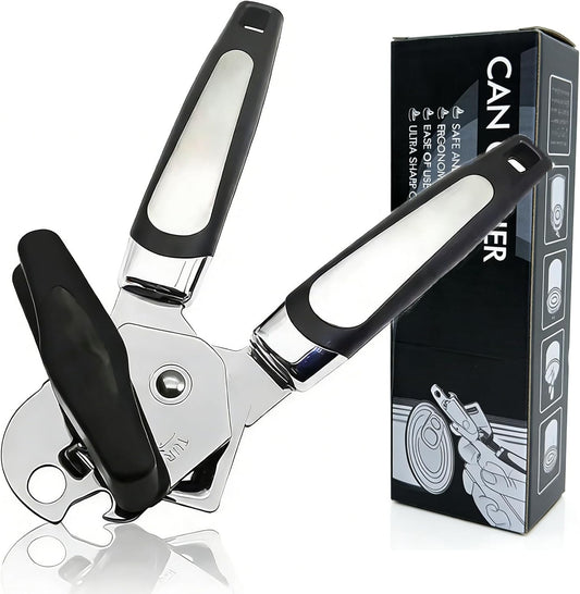 Can Opener Manual, Heavy Duty Can Opener with Built-In Bottle Openers, Ergonomic Design Extended Handle, Sharp Blade Smooth Edge, Kitchen Gadgets for Opening Cans, Multifunctional, Black