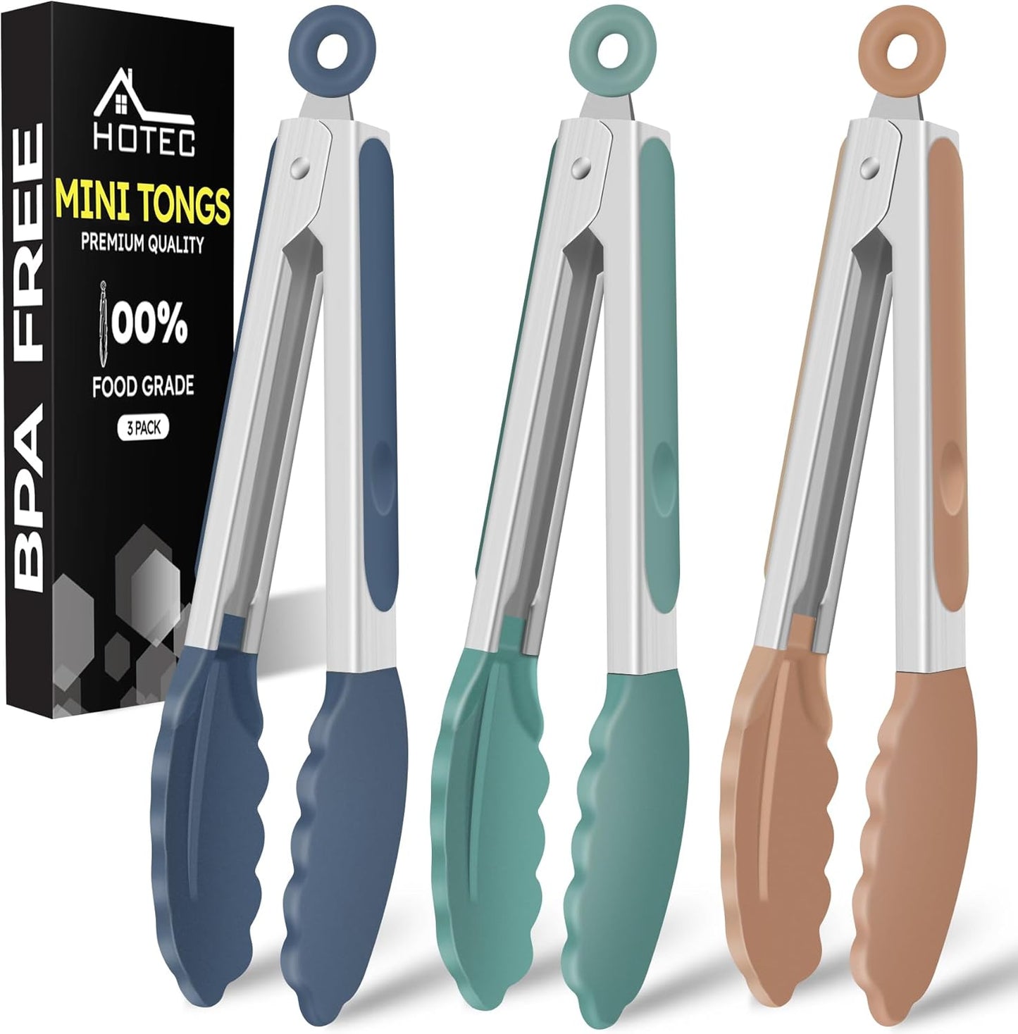 Hotec Silicone Kitchen Tongs for Cooking 9-Inch Serving Tongs with Silicone Tips, Set of 3 (Gradient Blue)