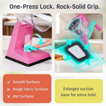 Upgraded Rotary Cheese Grater with 3 Interchangeable Stainless Steel Drums, One-Press Powerful Suction Manual Vegetable Shredder&Slicer for Kitchen, 15pcs Storage Bags Included, Rose-red&Green