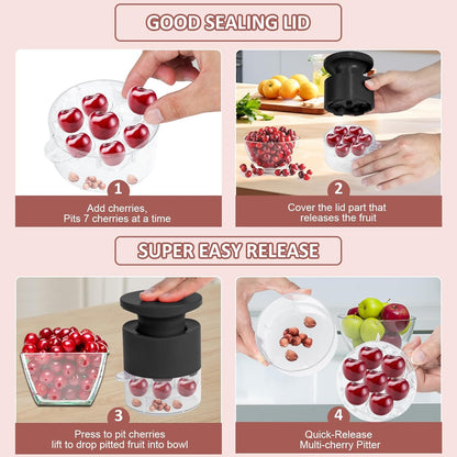 Cherry Pitter Multiple, Quick Release Multi Cherries Stoner Pitter 7-in-1, Push Button Cherr'y Core Pit'ter with Splatter Protector, Pit Remover for Making Jam(Save Time) (White, Large)