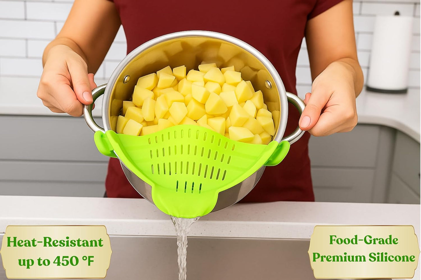 Clip On Strainer Silicone for Pots and Pans, Universal Fit Pasta Strainer and Pot Colander, Space Saving Food Drainer with Collapsible Funnel and Garlic Peeler, 3 Pcs Set, Black