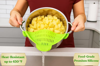 Clip On Strainer Silicone for Pots and Pans, Universal Fit Pasta Strainer and Pot Colander, Space Saving Food Drainer with Collapsible Funnel and Garlic Peeler, 3 Pcs Set, Black