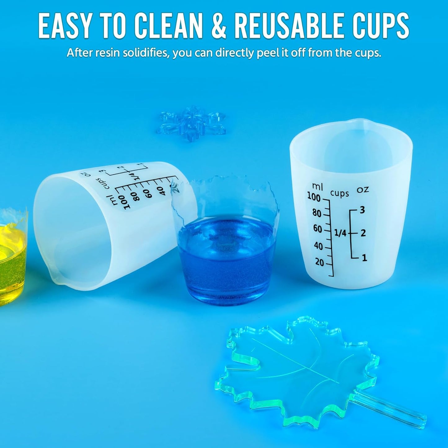 Silicone Resin Mixing Measuring Cups for Resin Supplies, Easy-to-read Marks, 600ml/20oz Bowl, 250&100ml Thickened Reusable Silicone Cups for Epoxy Mixing, with Stir Sticks, Jewelry Making
