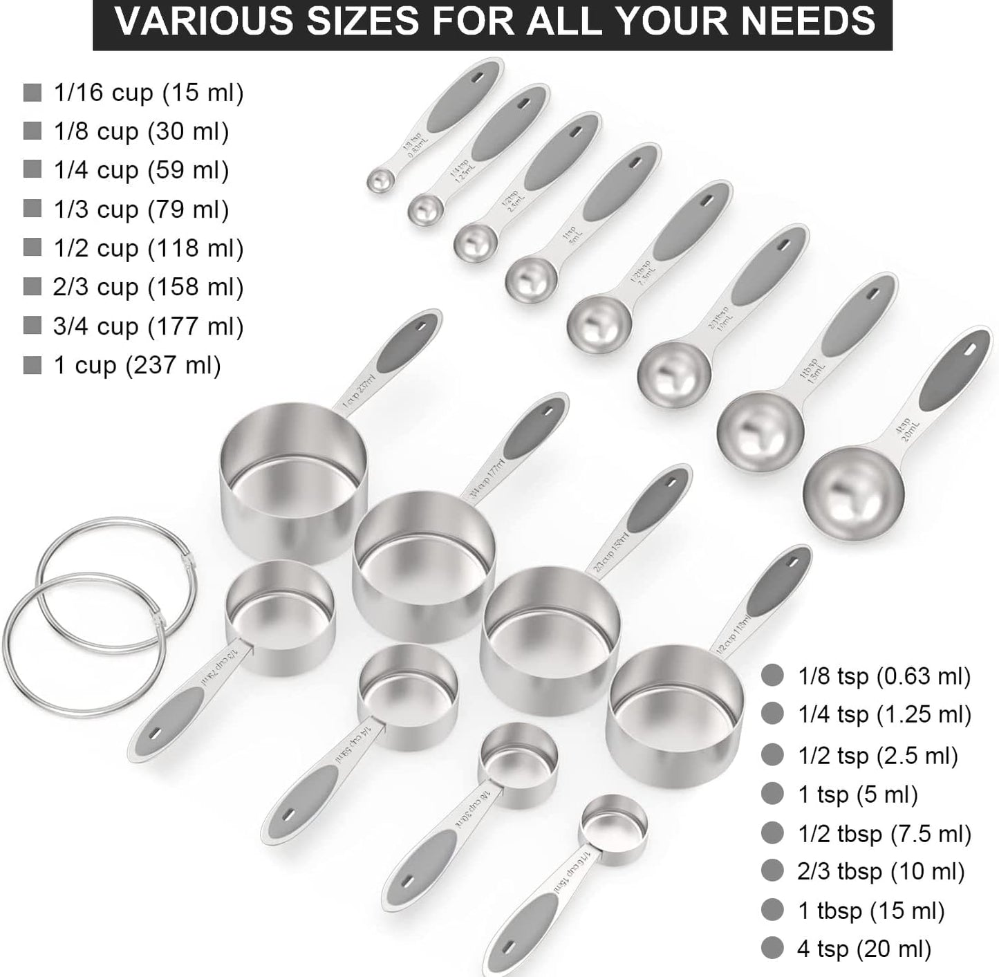 Measuring Cups & Spoons Set of 16, Wildone Premium Stainless Steel Measuring Cups and Measuring Spoons with Colored Silicone Handle, Including 8 Nesting Cups, 8 Spoons, for Dry and Liquid Ingredient