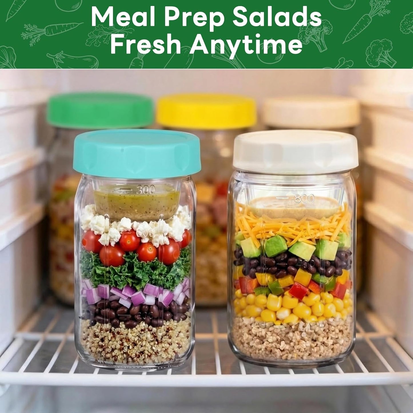 XLMYS 4 Pack Salad Jar, 32oz Salad Jars with Separate Wet/Dry Dressing Cup, Leakproof Salad Container for Lunch, Glass Food Storage for Home, Office and Outdoor