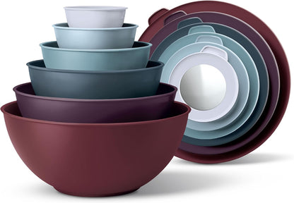 COOK WITH COLOR Mixing Bowls with Lids - 12 Piece Plastic Nesting Bowls Set includes 6 Prep Bowls and 6 Lids, Microwave Safe Mixing Bowl Set, Black Embossed - Colors A