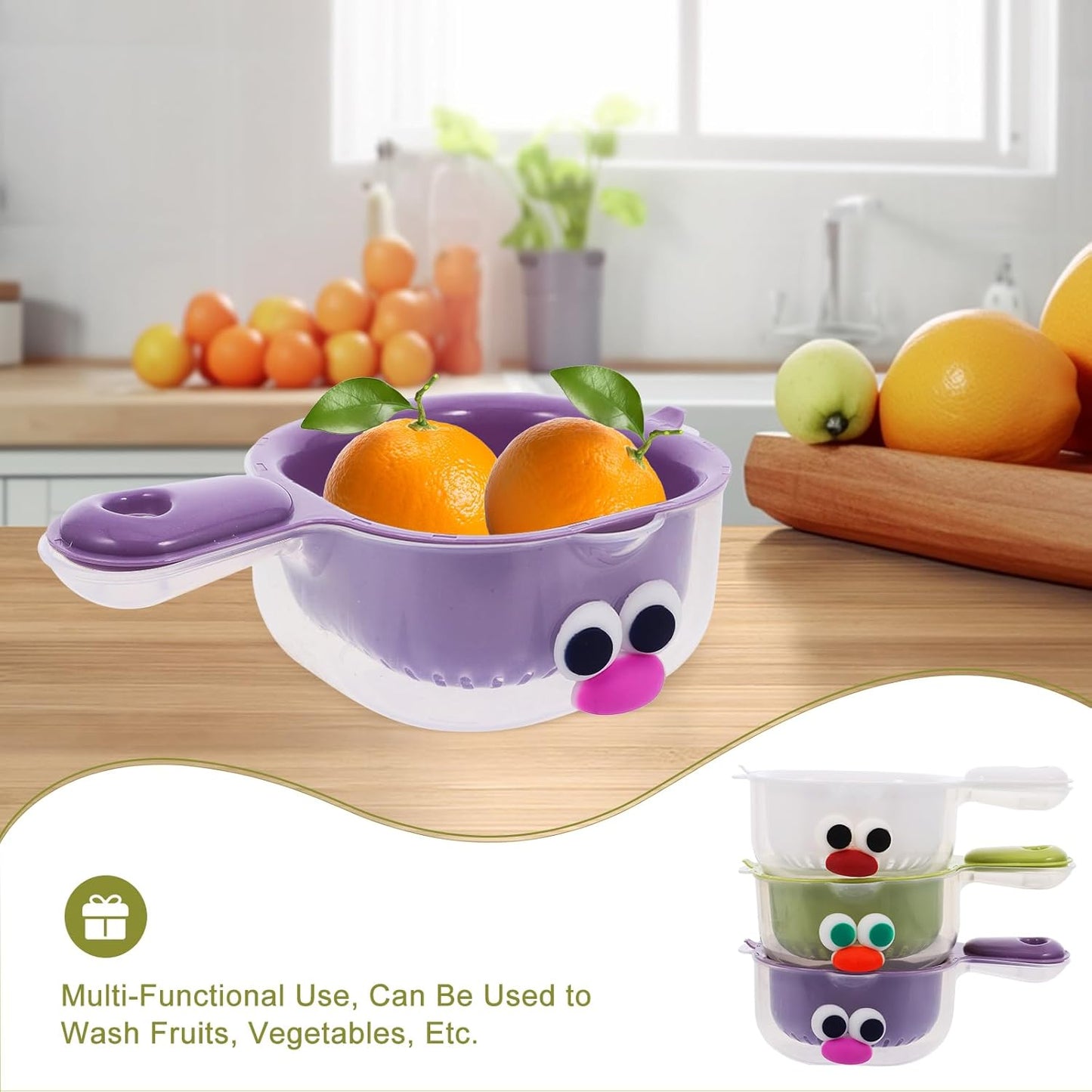 3-Piece Fruit Washing Bowl Set with Strainer – Dual-Layer Plastic Colander for Easy Draining – Space-Saving & Mess-Free Design for Fruits, Vegetables, Berries, and More