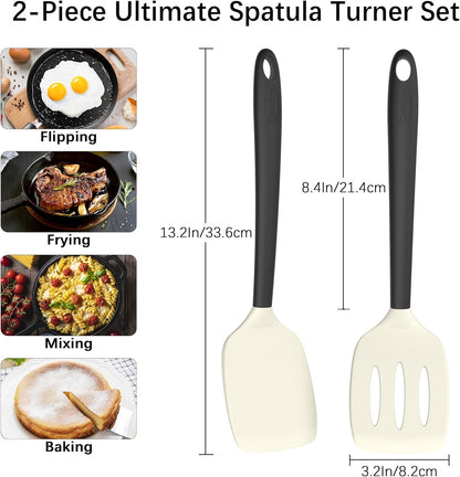 Coukre 2 Pack Silicone Spatula Set, High Heat Resistant, BPA Free Kitchen Spatula, Solid & Slotted Turner for Non-Stick Pans, Sautéing, and Flipping (2, PureBlack)