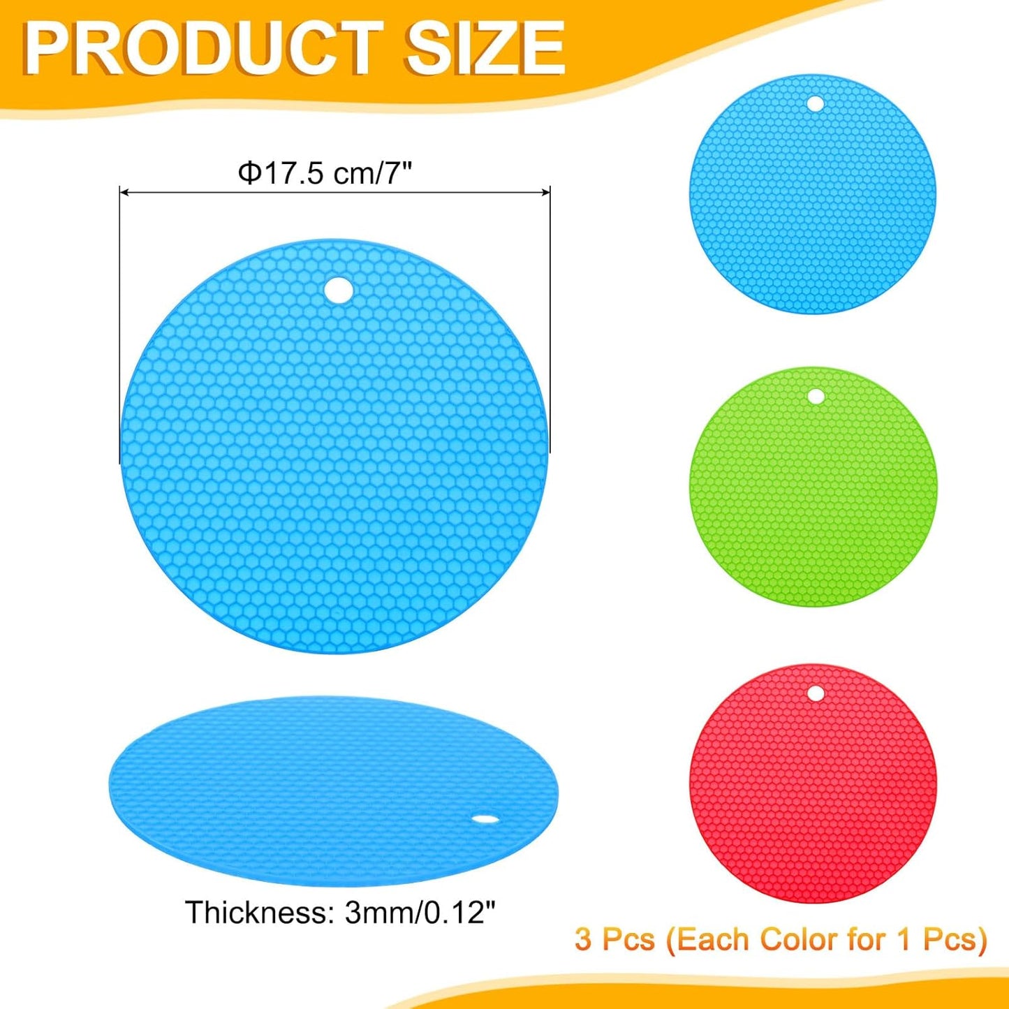 uxcell 3pcs Silicone Jar Opener Pads, 17.5cm/7" Texture Can Opener Multipurpose Round Bottle Lid Opener Non-Slip Coasters for Weak Hands Seniors Children, Orange, Blue, Gray