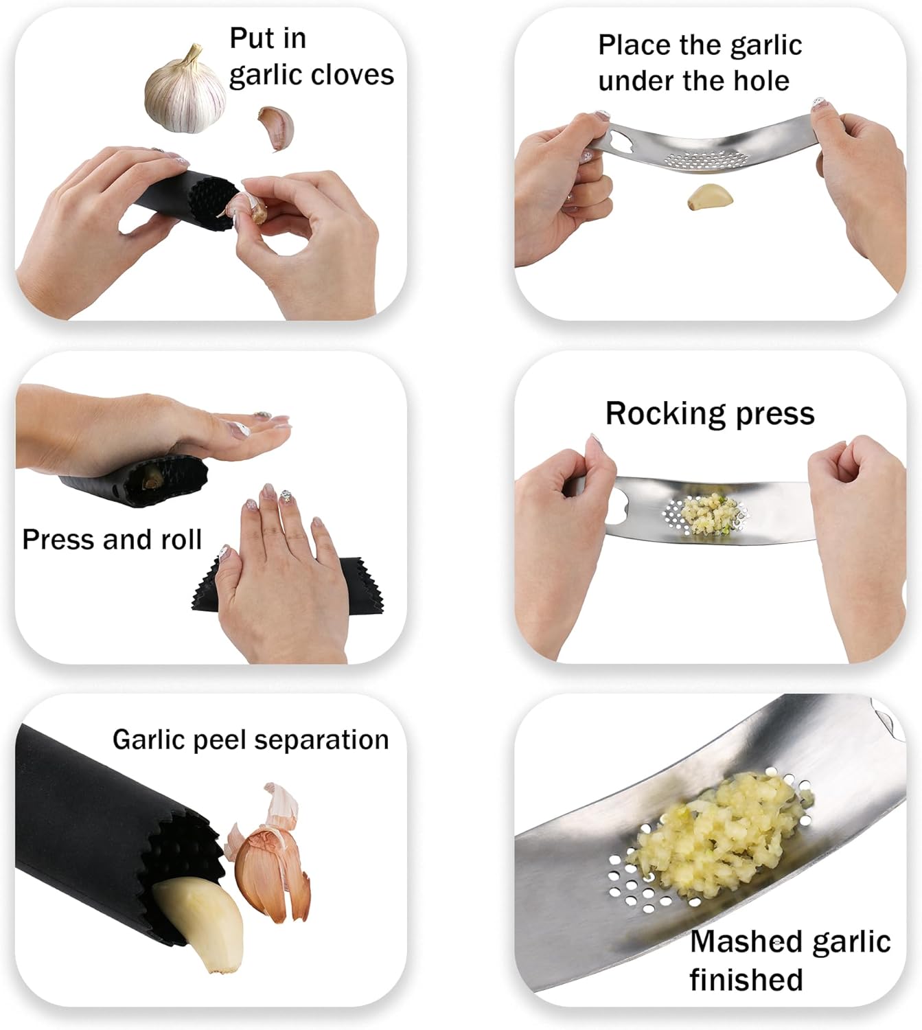 Garlic Press Rocker Stainless Steel, Manual Garlic Mincer Crusher with Silicone Peeler Set, Heavy Duty Ginger Smasher with Bottle Opener for Kitchen, Dishwasher Safe, Silver & Black