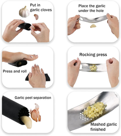 Garlic Press Rocker Stainless Steel, Manual Garlic Mincer Crusher with Silicone Peeler Set, Heavy Duty Ginger Smasher with Bottle Opener for Kitchen, Dishwasher Safe, Silver & Black