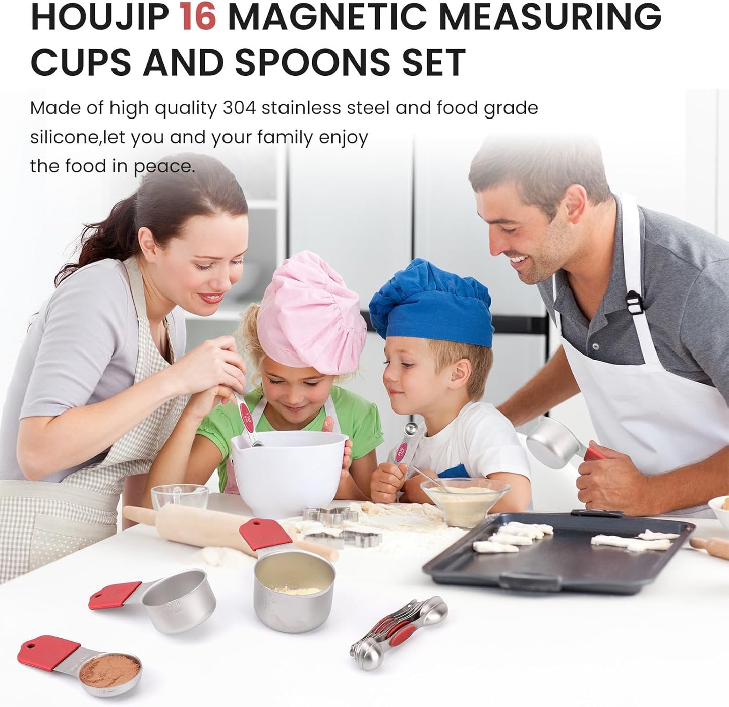 Magnetic Measuring Cups and Spoons Set-Heavy Duty 304 Stainless Steel，Double Measurement Markings，Set of 16 with Leveler for Measure Dry and Liquid Ingredients (Black)