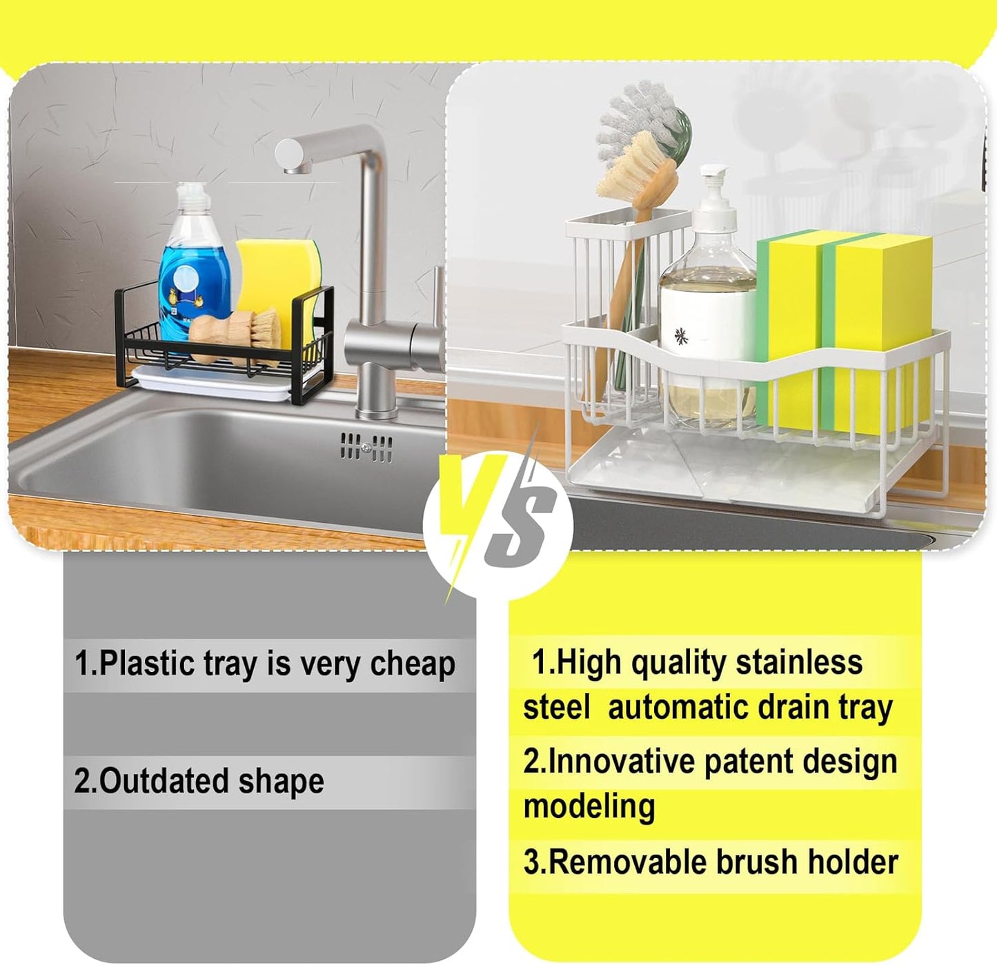Fssvcd Maifan Sink Caddy Sponge Holder for Kitchen with Brush Holder and Stainless Steel Self Drain Tray, Rustproof Kitchen Sink Organizer for Sponge, Soap Dispenser Storage Accessories