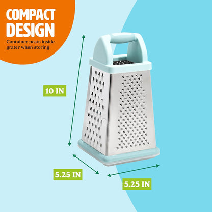 Tasty Box Grater with Storage Container & Lid, Multi-Sided Stainless Steel Grater for Fine, Medium, Coarse Shreds & Slicing, Non-Slip Base, Dishwasher Safe, Aqua
