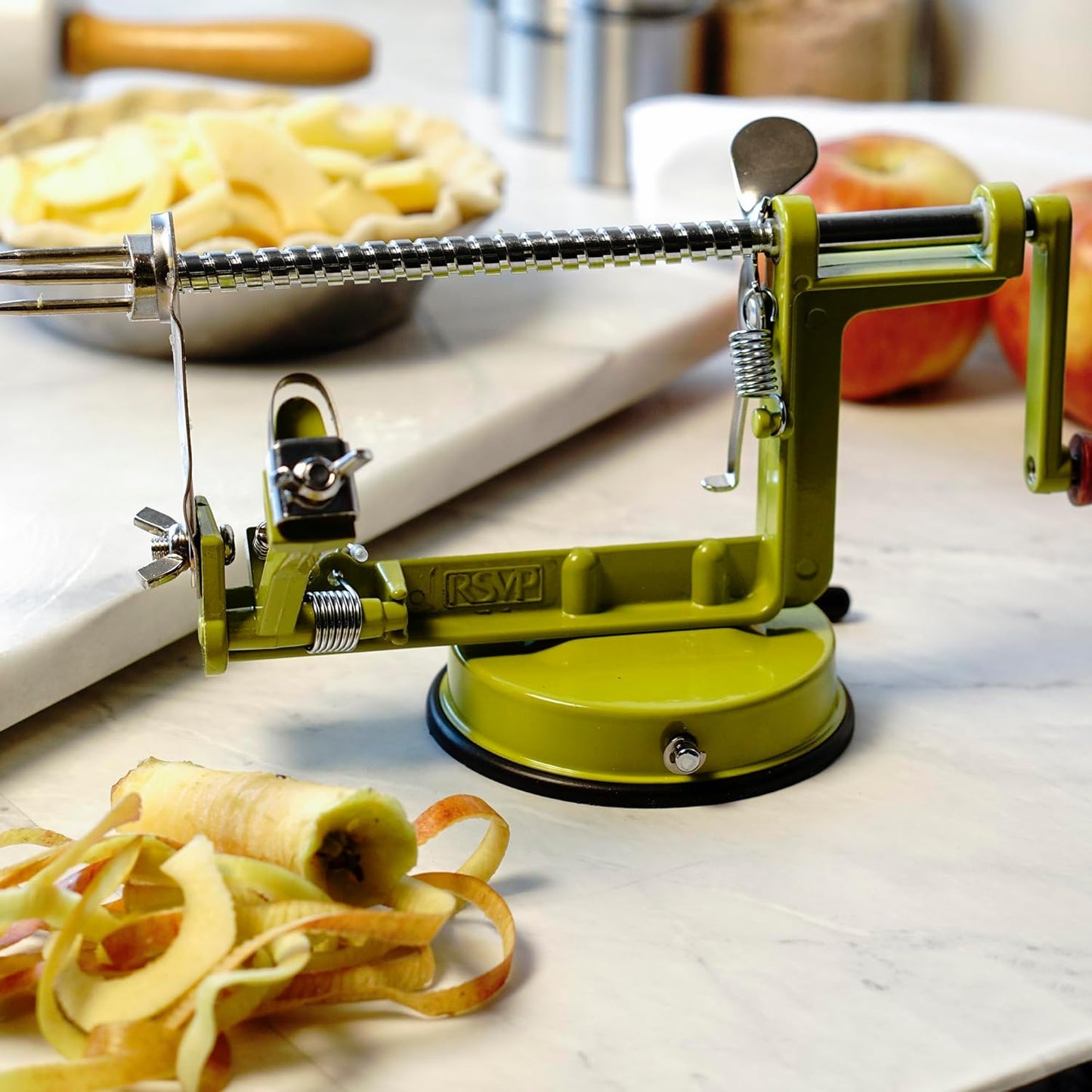 RSVP International Green Apple Slicer, Corer, & Peeler | Suctions to Countertop | Cuts Perfect .25" Slices | Durable & Strong