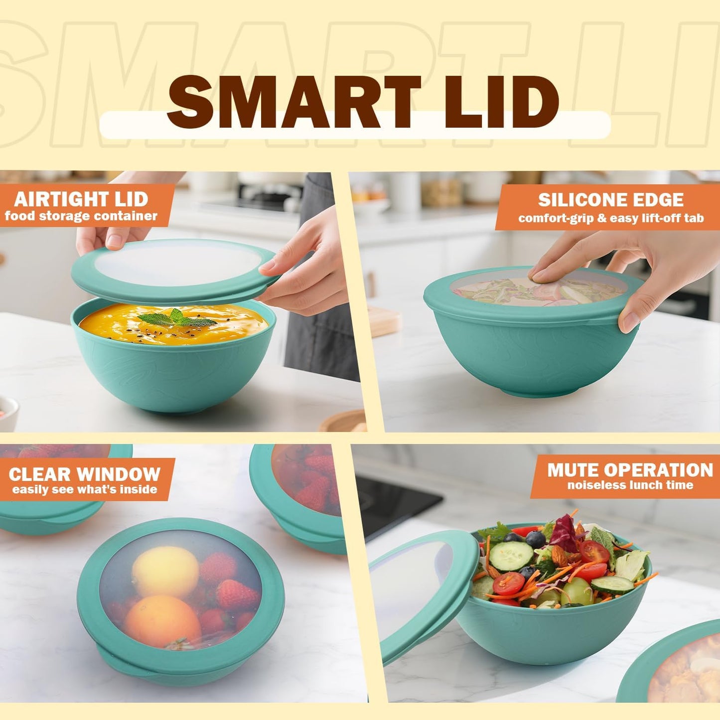 Wheat Straw Bowls Set with Lids, Unbreakable 40 OZ Cereal Bowls Set of 4, Salad Container for Lunch, Microwave & Dishwasher Safe Bowl Set for Kitchen, Picnic, RV, Camping, Multi