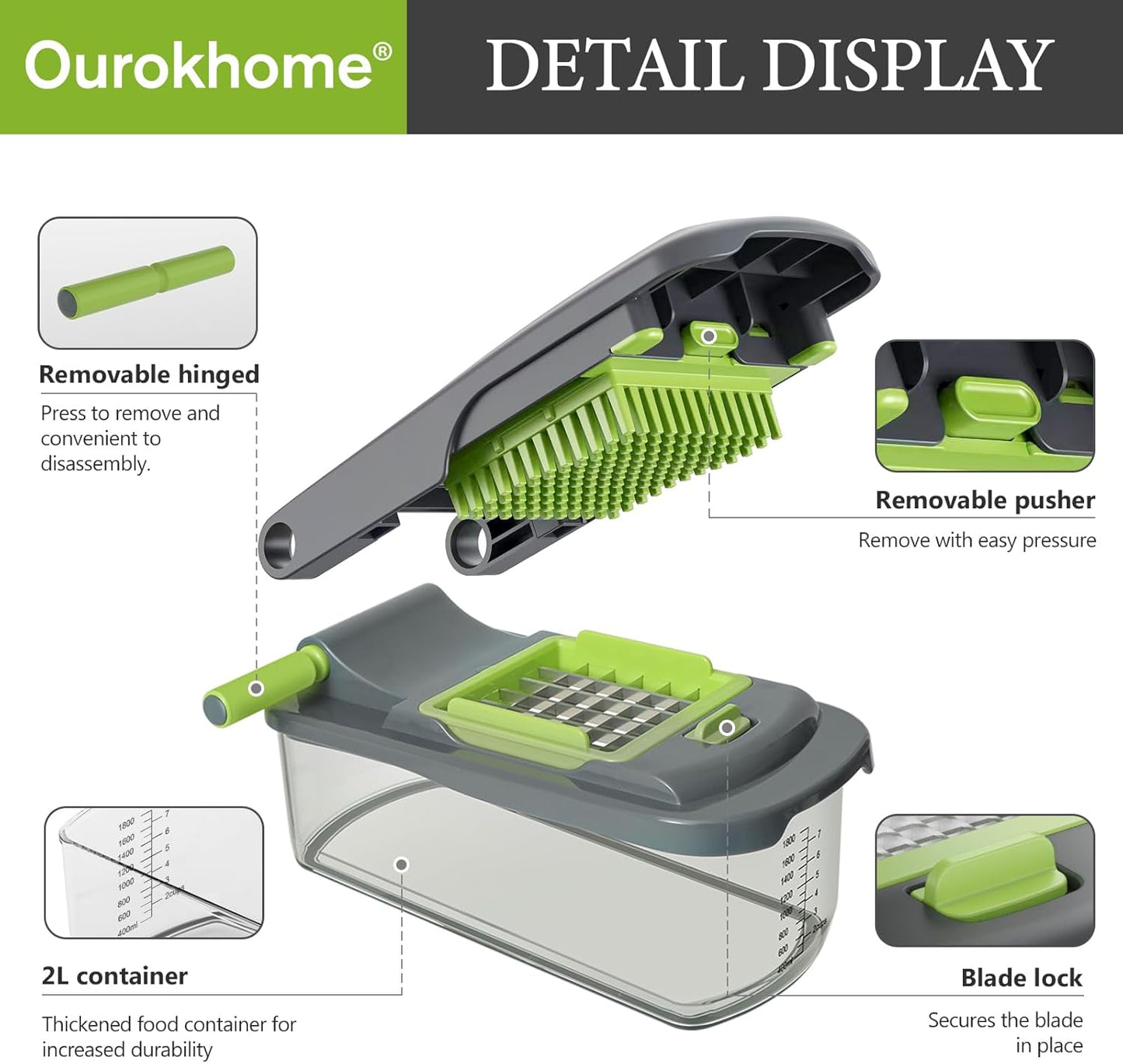 Ourokhome Veggie Chopper and Dicer with Container, Manual Hand Food Mandolin Slicer with 4 in 1 Handheld Vegetable Spiralizer for Zucchini, Potato, Onion, Essential Kitchen Gadgets (12 in 1, Gray)