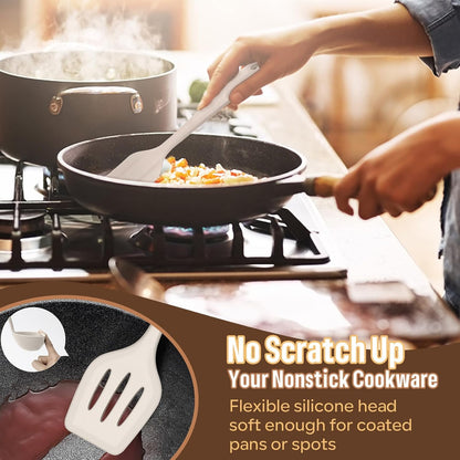 E-far Silicone Cooking Utensils Set, 7-Piece Black Heat Resistant Kitchen Utensils Set, Kitchen Nonstick Tools Spatula Ladle Spoon Pasta Server for Non-stick Cookware, Non-Toxic & Dishwasher safe