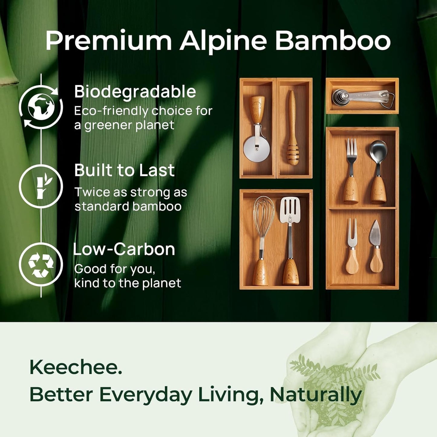 keechee Carbonized Bamboo Kitchen Drawer Organizer, 10 Slots Expandable Silverware Organizer, Utensil Holder & Cutlery Tray, 2.2" Deep for Extra Capacity, Non-Slip Feet Included