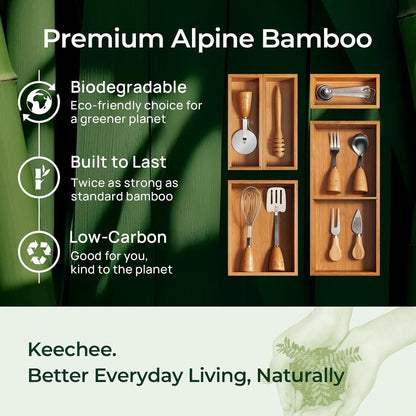 keechee Carbonized Bamboo Kitchen Drawer Organizer, 10 Slots Expandable Silverware Organizer, Utensil Holder & Cutlery Tray, 2.2" Deep for Extra Capacity, Non-Slip Feet Included