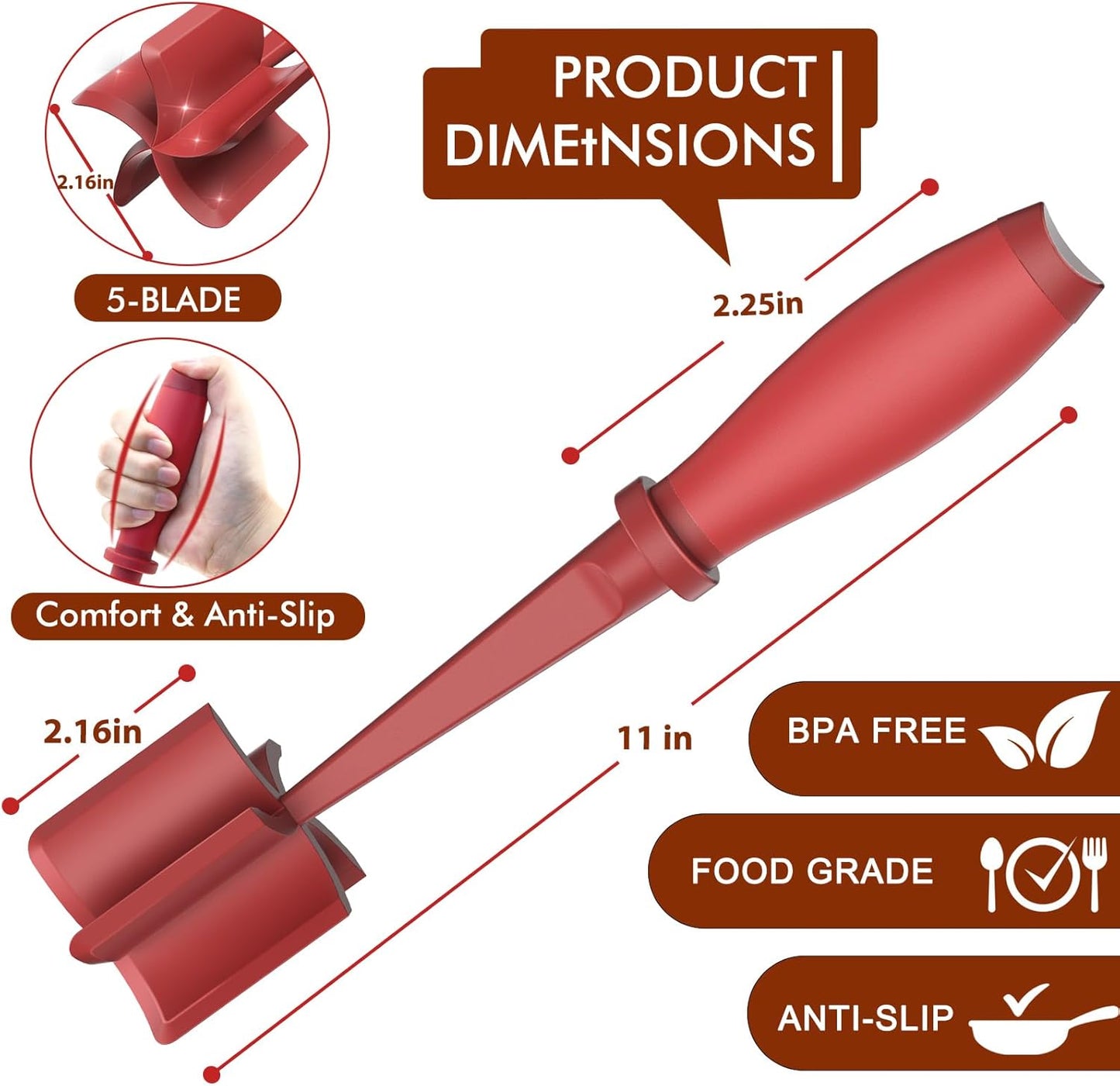 Upgrade Meat Chopper, Heat Resistant Meat Masher for Hamburger, Ground Beef Smasher, Nylon Hamburger Grinder Utensil for Ground Beef, Non Stick Mix Ground Chopper, Mix and Chop Potato Masher Tool