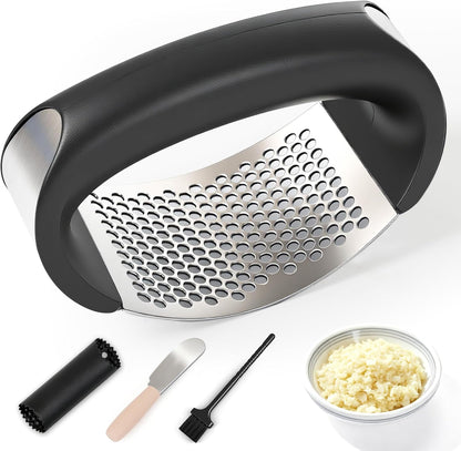 Stainless Steel Garlic Press Rocker Set (Black) - Includes Silicone Peeler and Cleaning Brush for Effortless Garlic Mincing