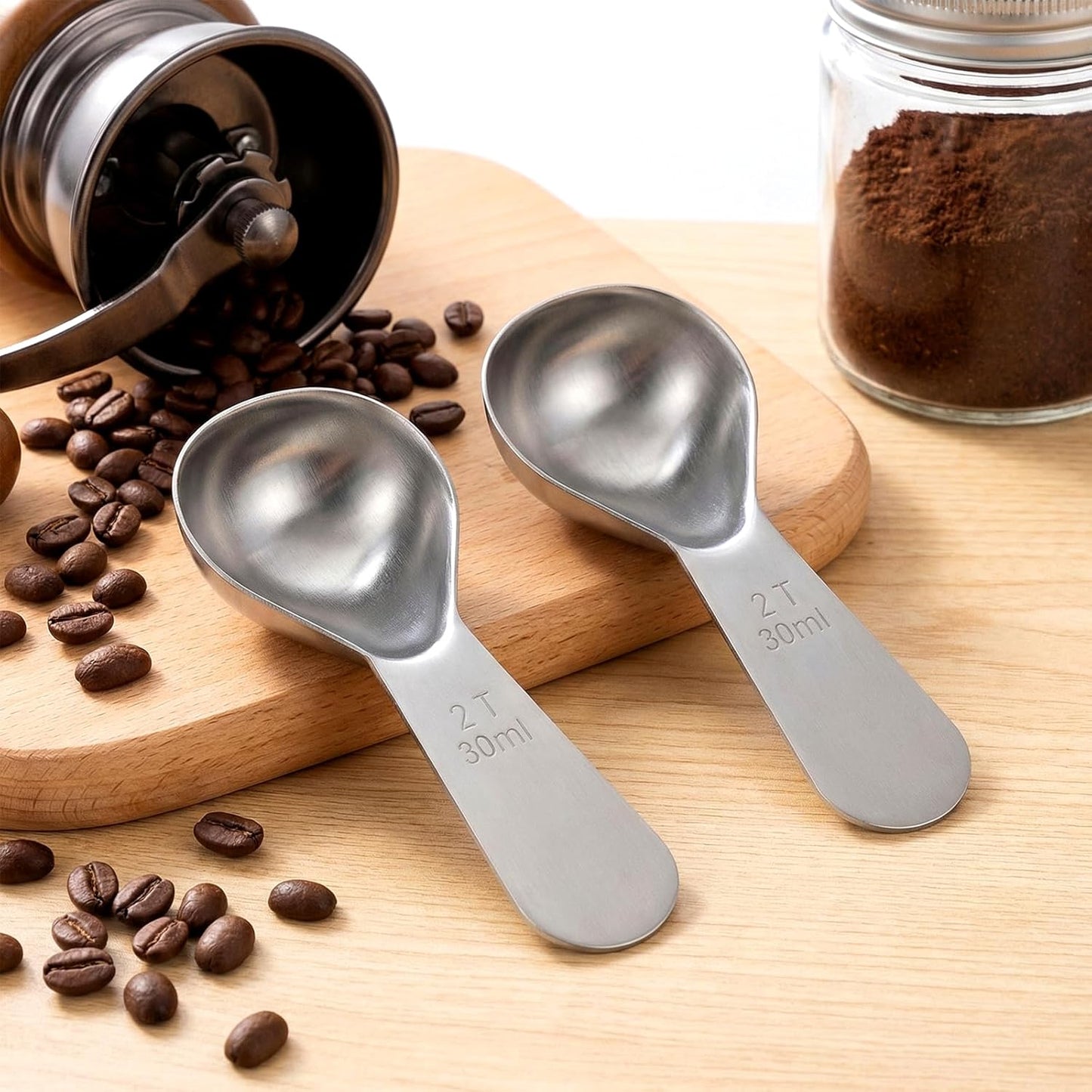 2Pcs Coffee Scoop for Ground Coffee, 18/8 Stainless Steel Coffee Tablespoon Measuring Spoon with Short Handle, Coffee Bean Scoop (Silver, 30ML)