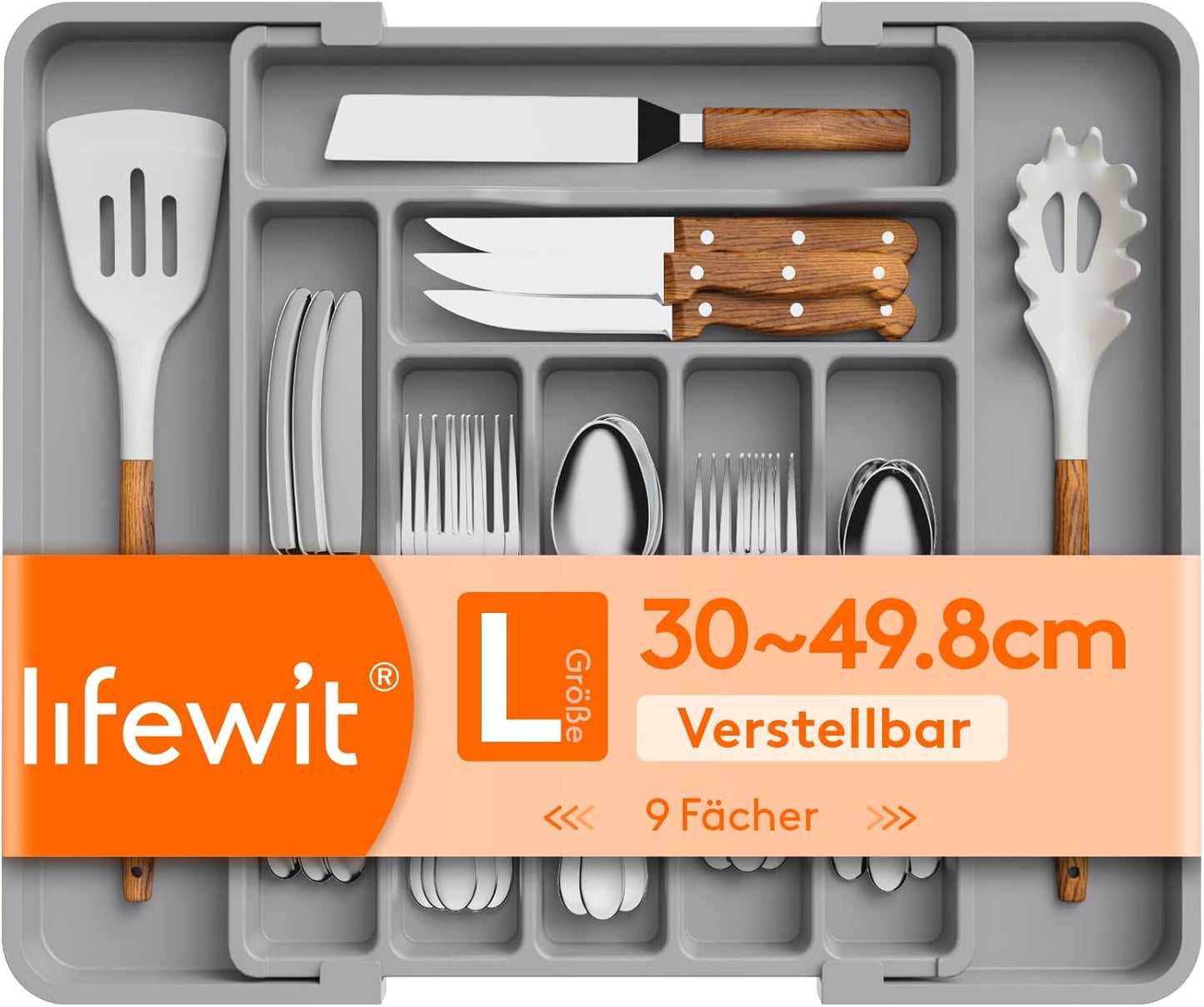 Lifewit Utensil Organizer for Kitchen Drawer, Expandable Cooking Silverware Tray, Adjustable Cutlery Flatware Holder, Plastic Spatula Tools Storage Divider, 14.4 x 15.8", Black