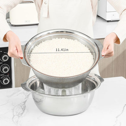 Paoli 304 Stainless Steel Fine Mesh Colander Set, 1.5QT Large Capacity Strainer with Mixing Bowl — Rinse Fruits, Veggies, Rice & Drain Pasta, Dishwasher Safe (2-Piece)
